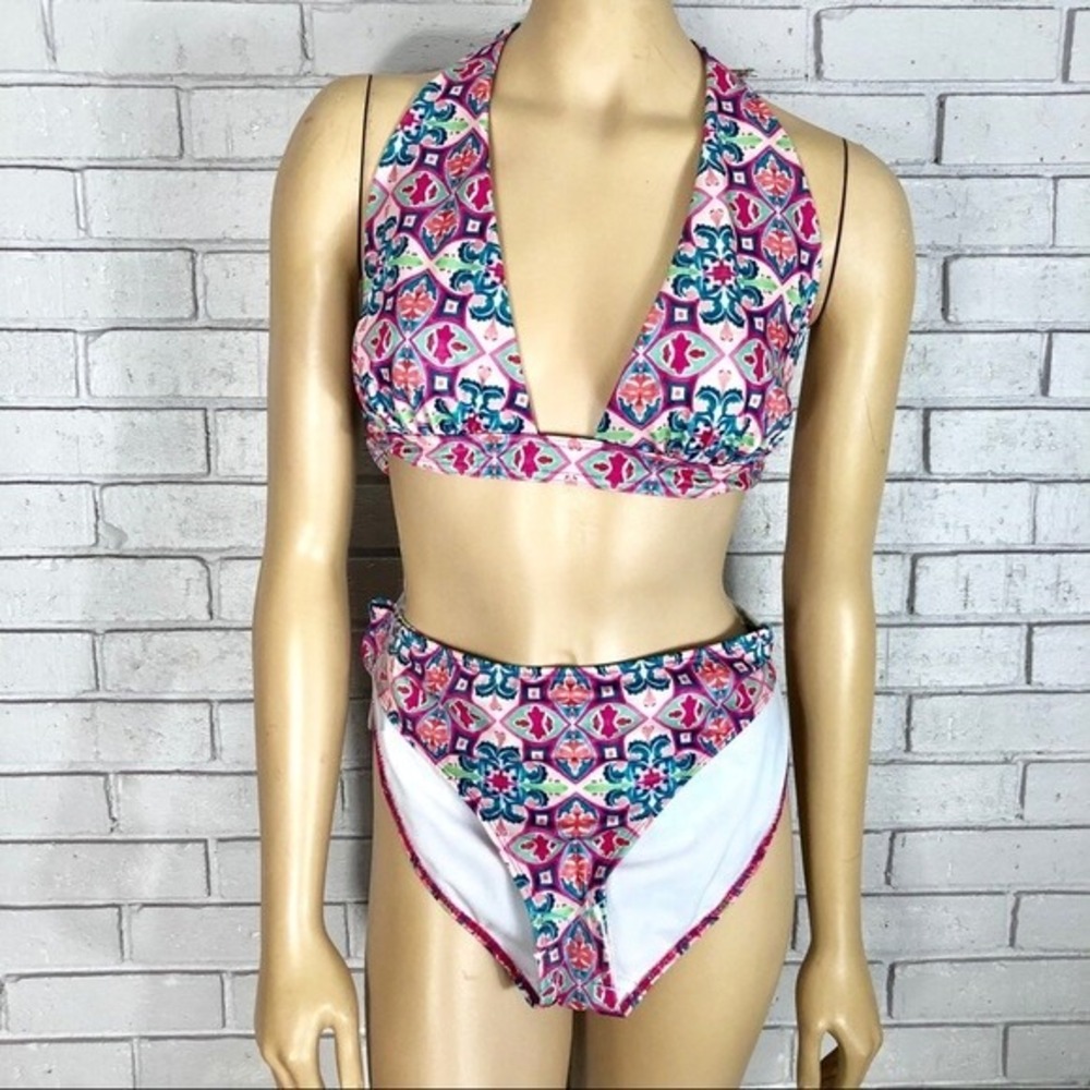 ASOS Swim Womens Pink Teal Geometric‎ Medallion Halter Bikini Set | Size 10